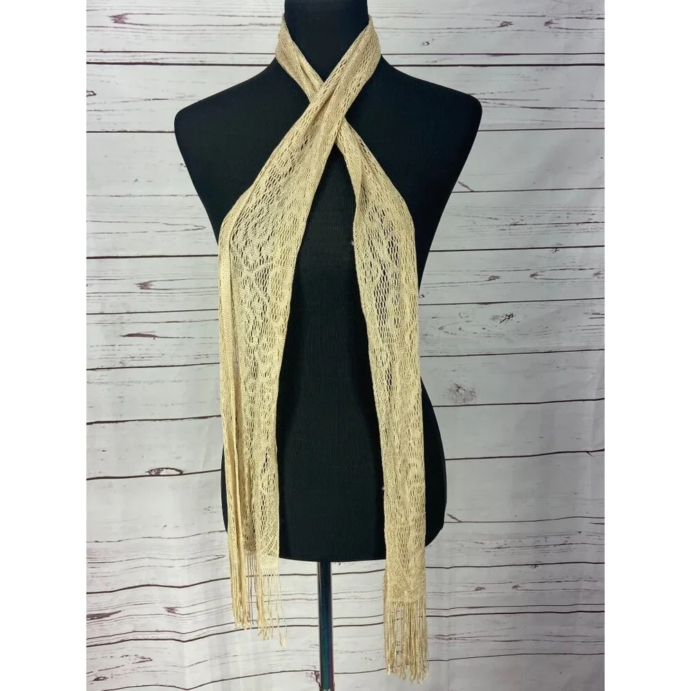 Delicate Cream Colored Fringed Ends Thin Accessory‎ Scarf
